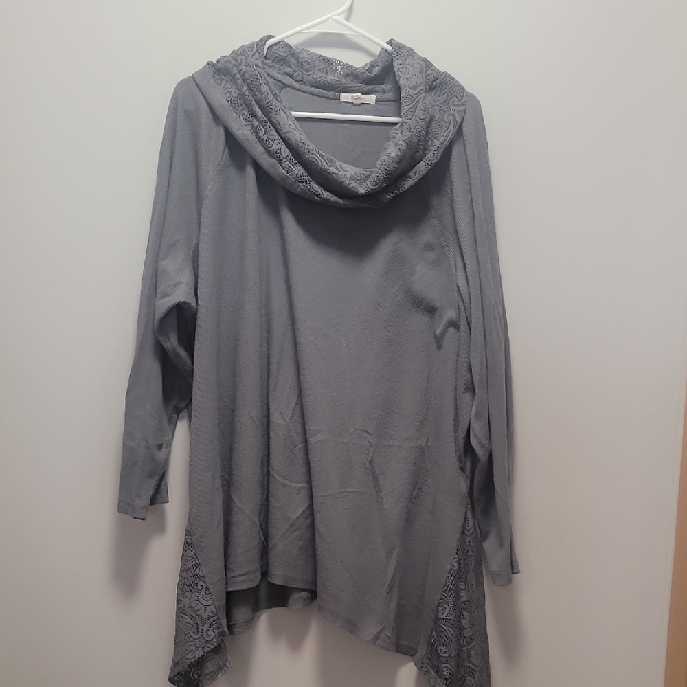 Gray Cowl Neck Tunic with Lace Accents